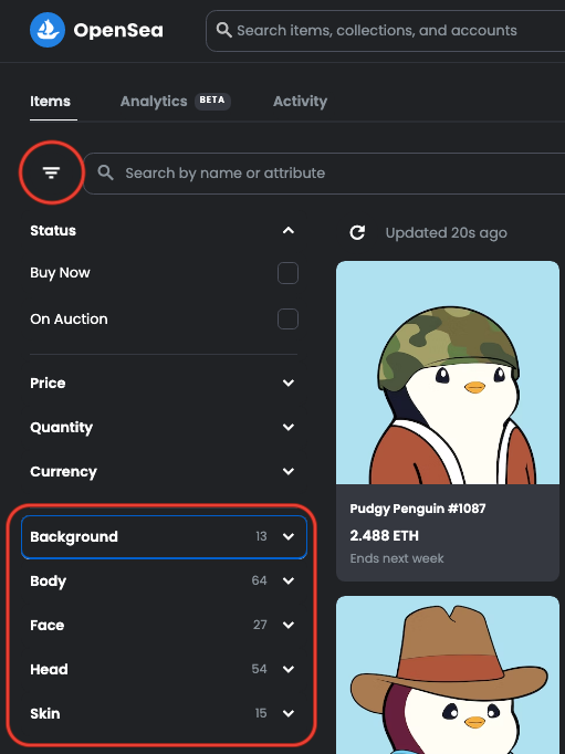 open sea filter menu